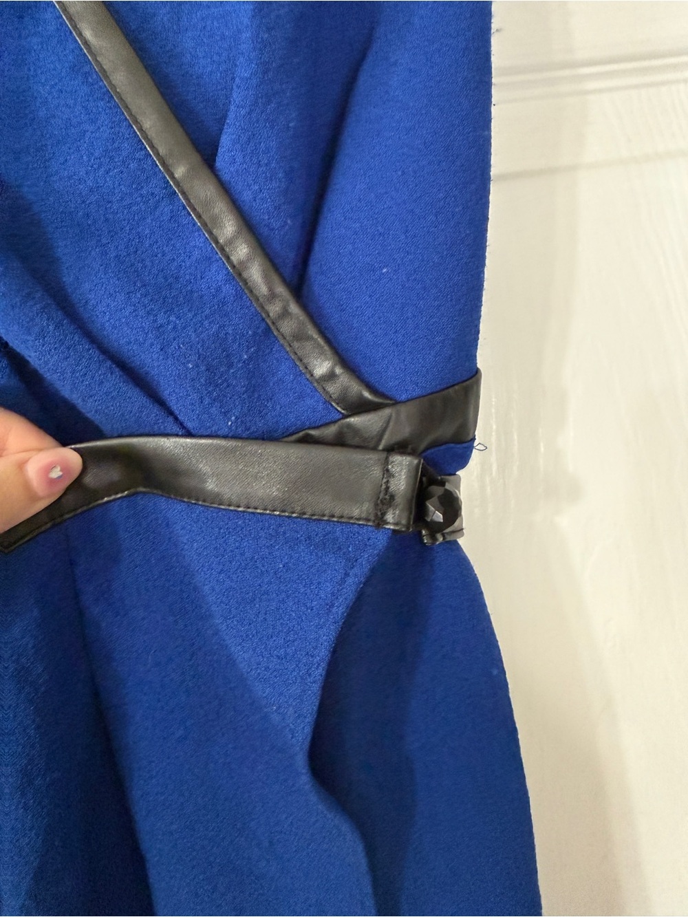 Maeve Royal Blue Faux-Leather Trim V-Neck Mini Dress - Picture 5 of 7